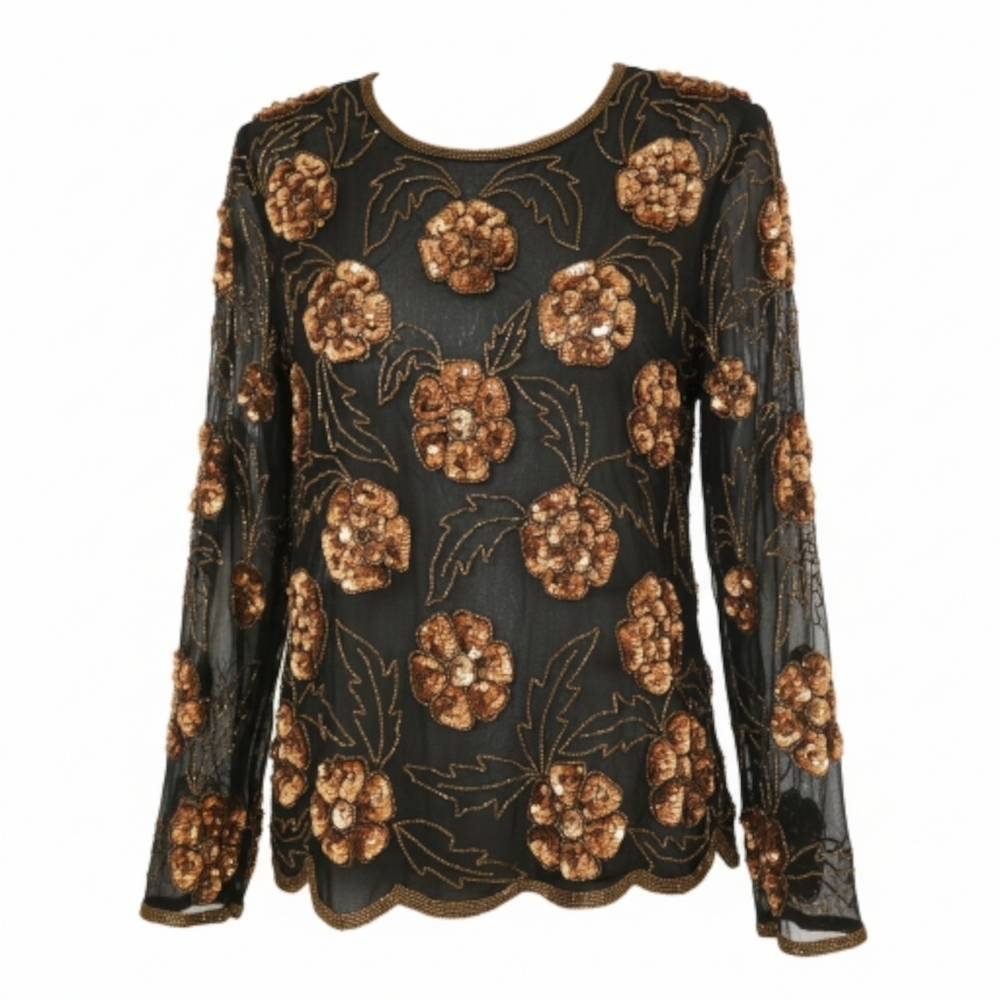 Vintage 80s Stenay Silk Sequin Blouse Long Sleeve Black Fold Flowers
